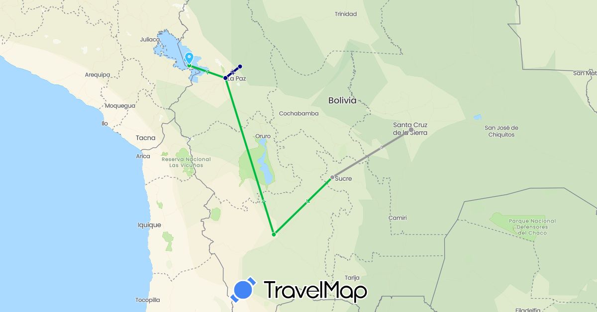 TravelMap itinerary: driving, bus, plane, boat in Bolivia (South America)