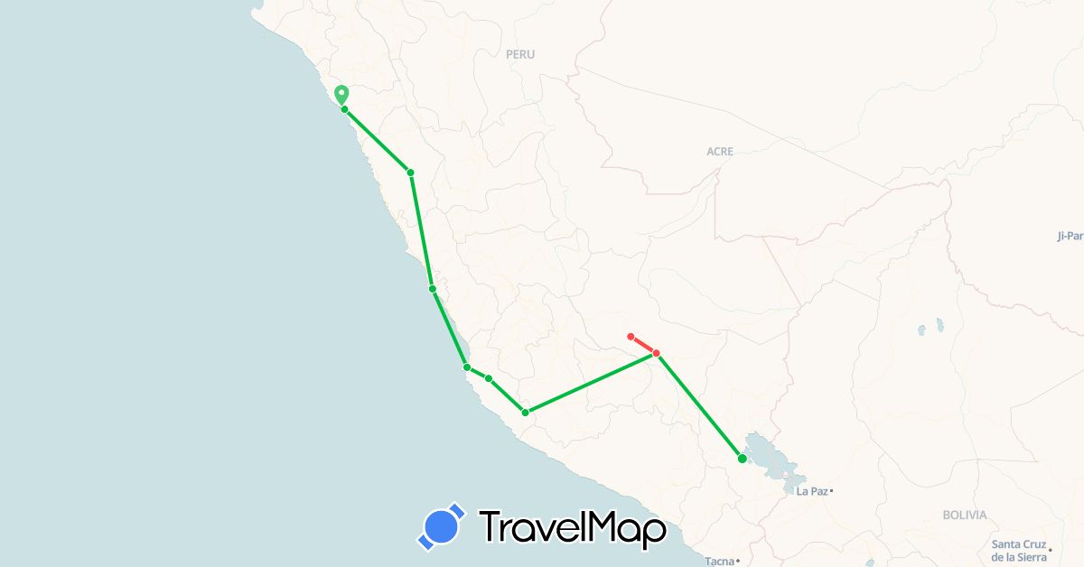 TravelMap itinerary: driving, bus, hiking in Peru (South America)